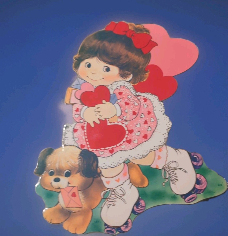 VINTAGE PECK VALENTINE DIE CUT GIRL SKATES & PUPPY Pink Red Class Art Bulletin