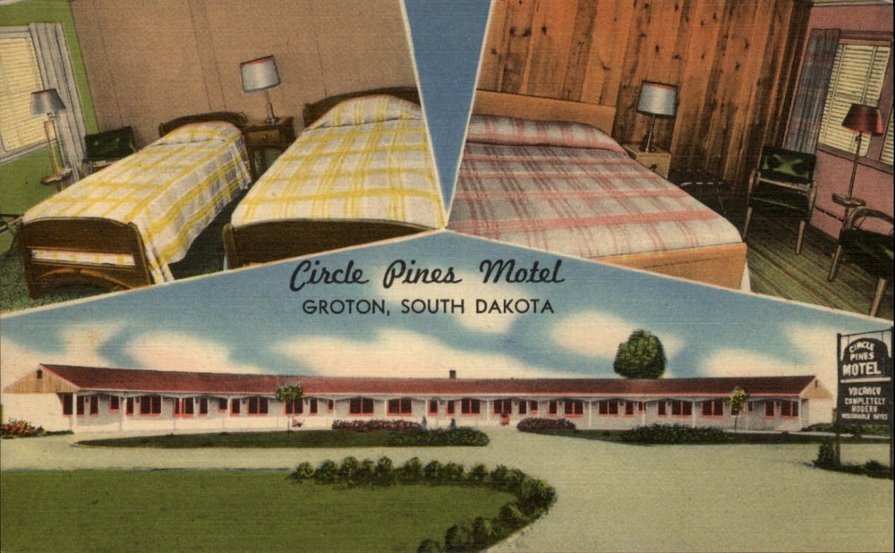 Groton South Dakota Circle Pines Motel rooms front roadside sign linen postcard