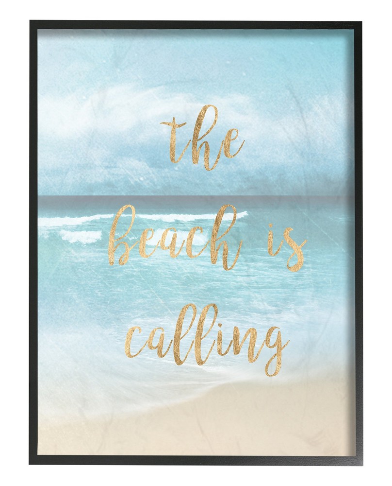 Stupell Home Décor The Beach Is Calling Gold Typography Oversized Framed Gicl...