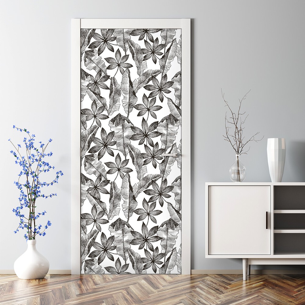 Black and white tropical leaf bubble-free self-adhesive door sticker