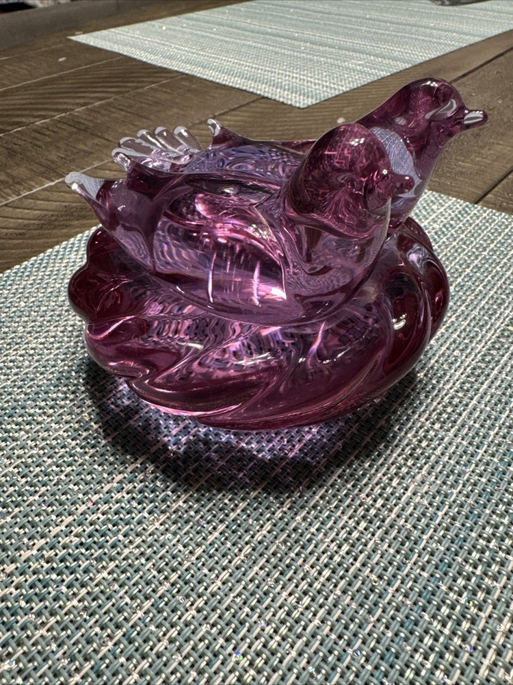 Murano Signed Purple Bird Nest Art Glass Sculpture