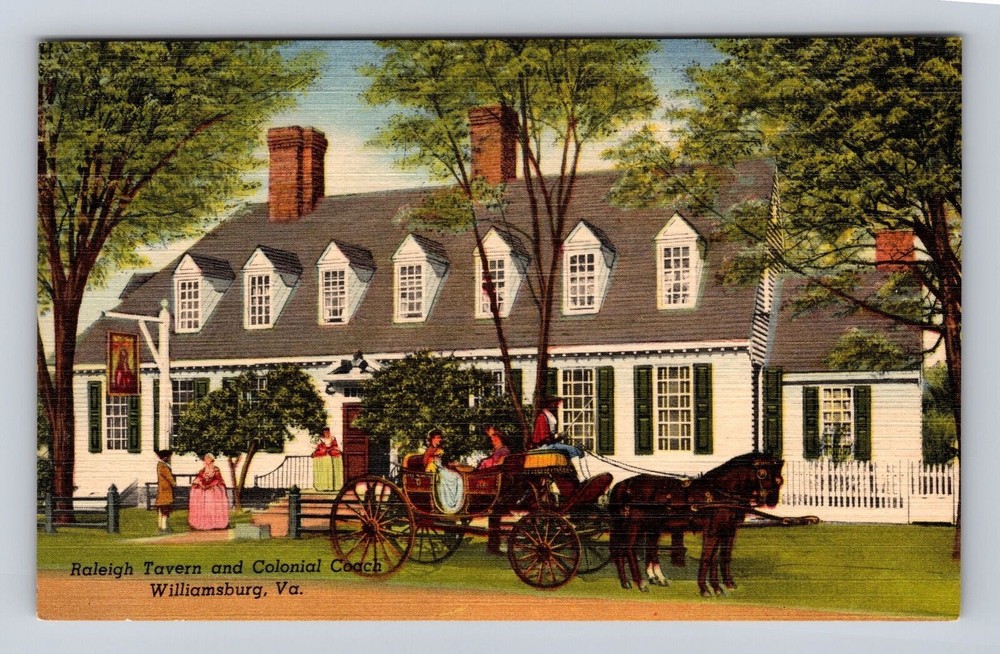 Williamsburg VA-Virginia, Raleigh Tavern And Colonial Coach, Vintage Postcard