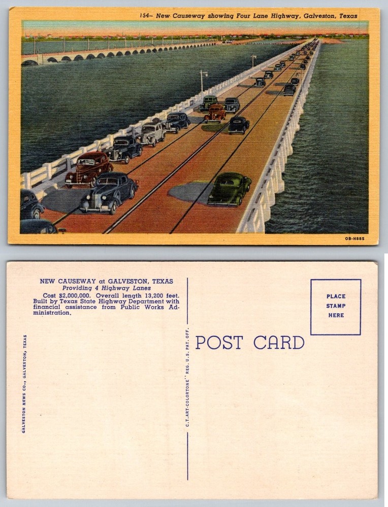 Galveston Texas New Causeway 4 Lane Highway Linen Postcard 1930s