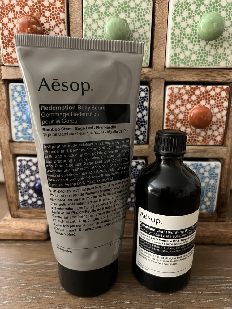 Aesop Redemption, Body Exfoliation, And Geranium Leave Body Treatment Oil Duet ￼