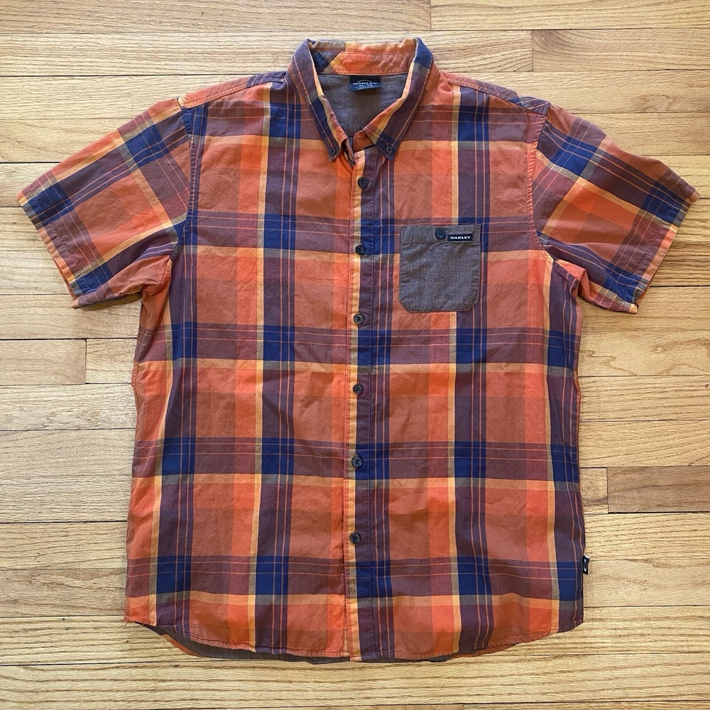 OAKLEY Men’s Button Down Short Sleeve Orange Blue Plaid Pocket Size XL