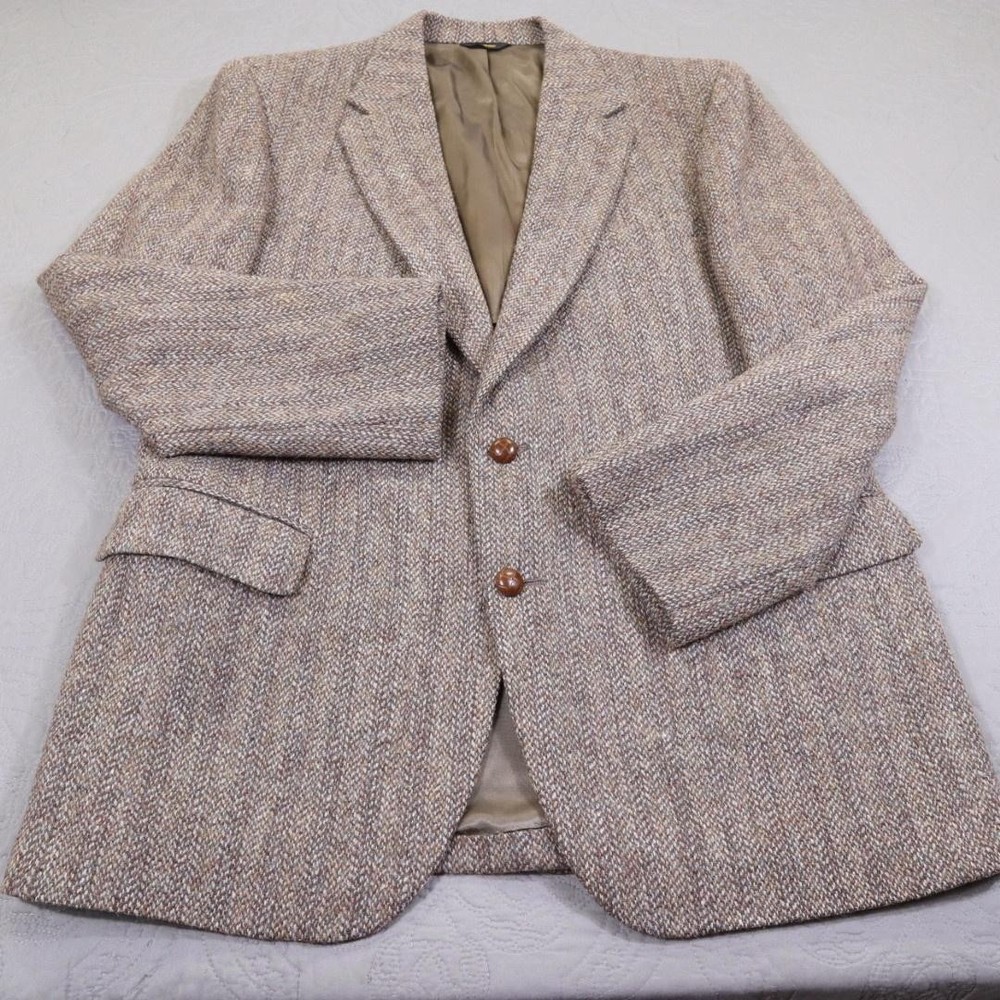 Vintage Harris Tweed Blazer Mens Medium Brown Herringbone Wool Sport Coat 70s