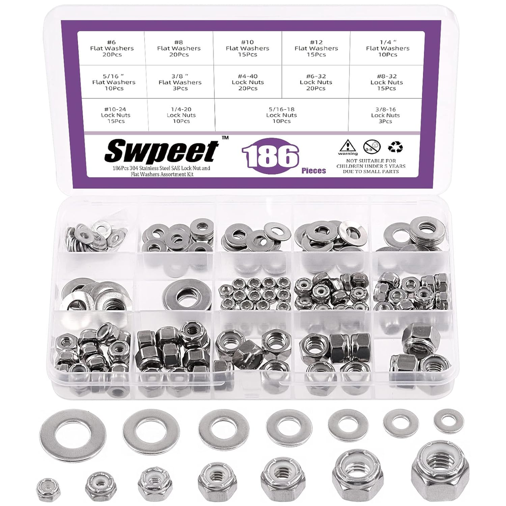 Kit surtido de arandelas planas y tuercas de bloqueo de acero inoxidable SAE 304 186 piezas,