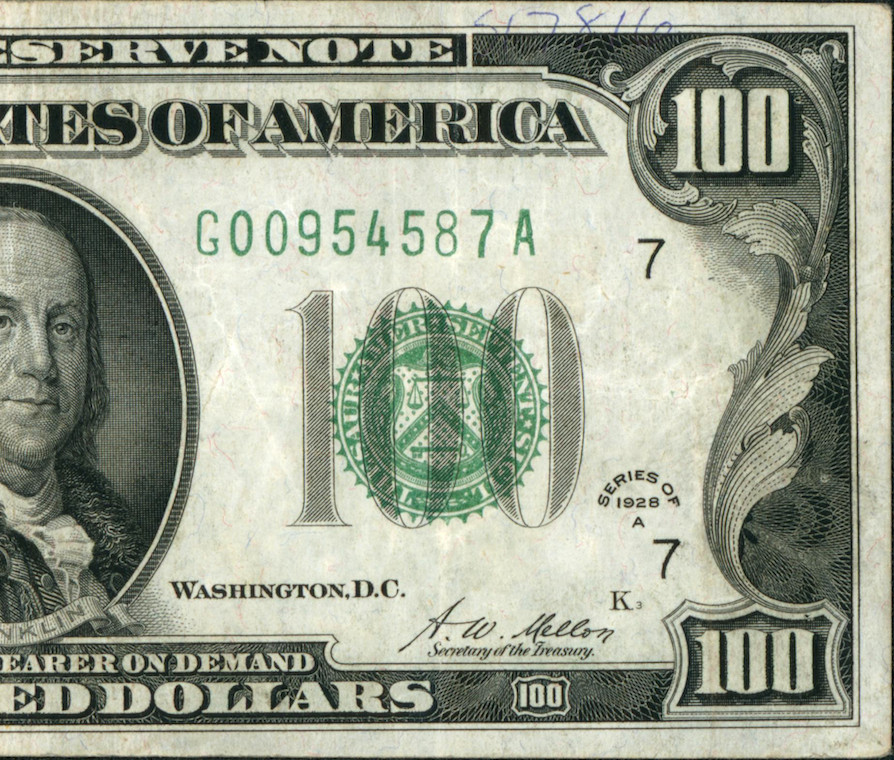 $100 1928 (( Dark Green Seal )) Federal Reserve Note ** Currency ((Pinholes))