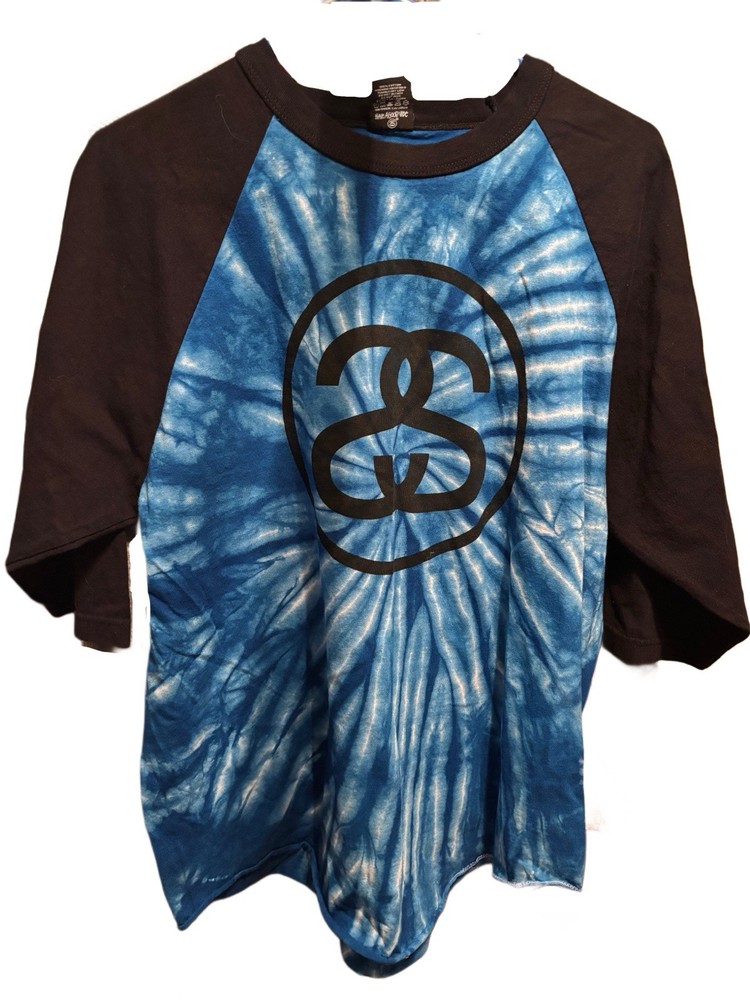 Vintage Stussy Medium Y2K Tie Dye Blue Spiral Cotton Shirt