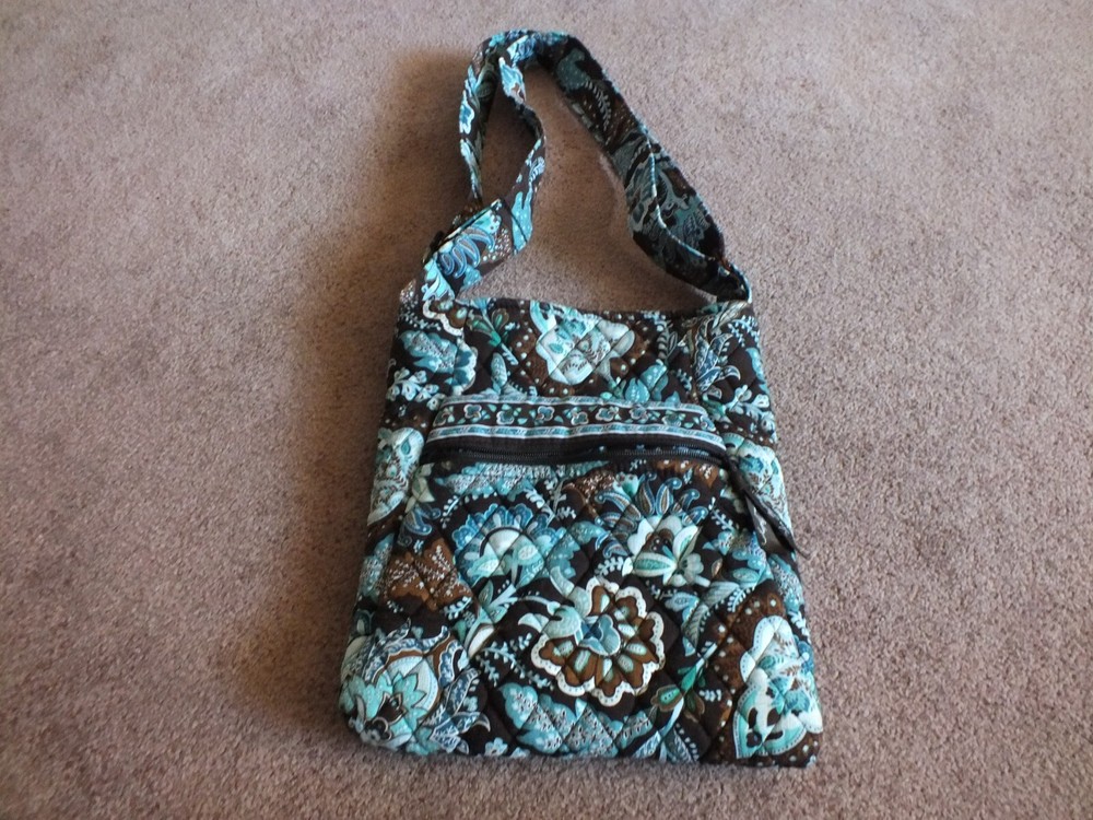 Vera Bradley Brown Blues Floral Print Shoulder Bag with 4 Pockets and Zip Closure
