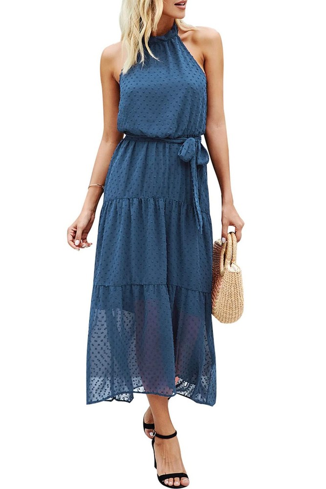 PRETTYGARDEN Women’s Halter Neck Long Backless Ruffle Dress Belt (GreyBlue,