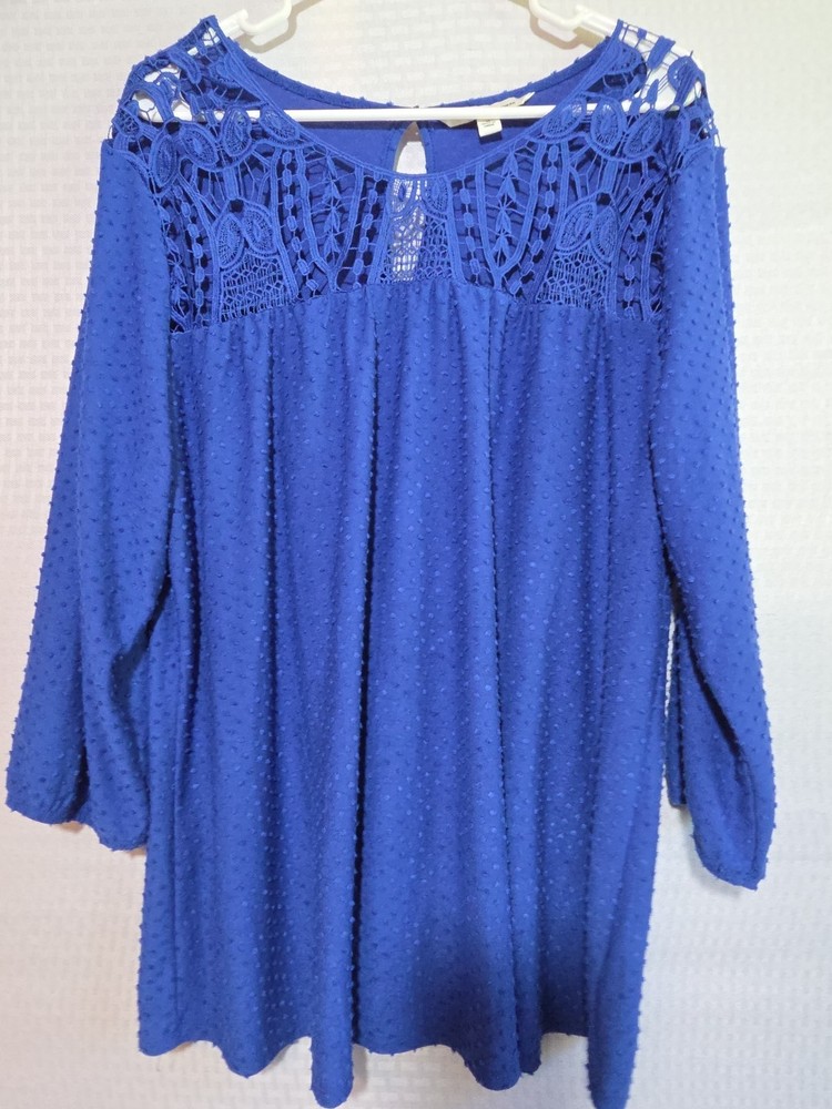 Zac & Rachel Women’s 1X Blue Blouse Crochet Lace Yoke Textured Swiss Dot 3/4