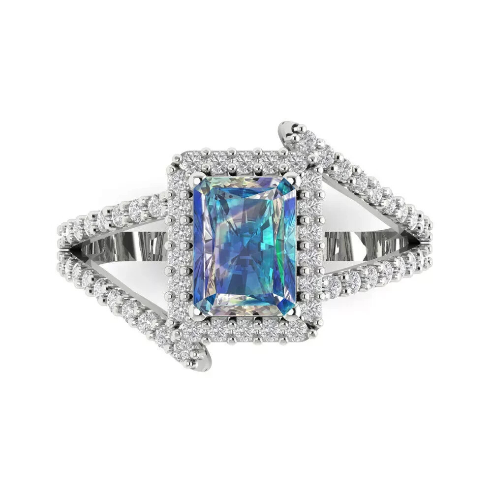 5ct Emerald Cut Certified Blue  Moissanite Bypass Ring Accents White Gold Plated