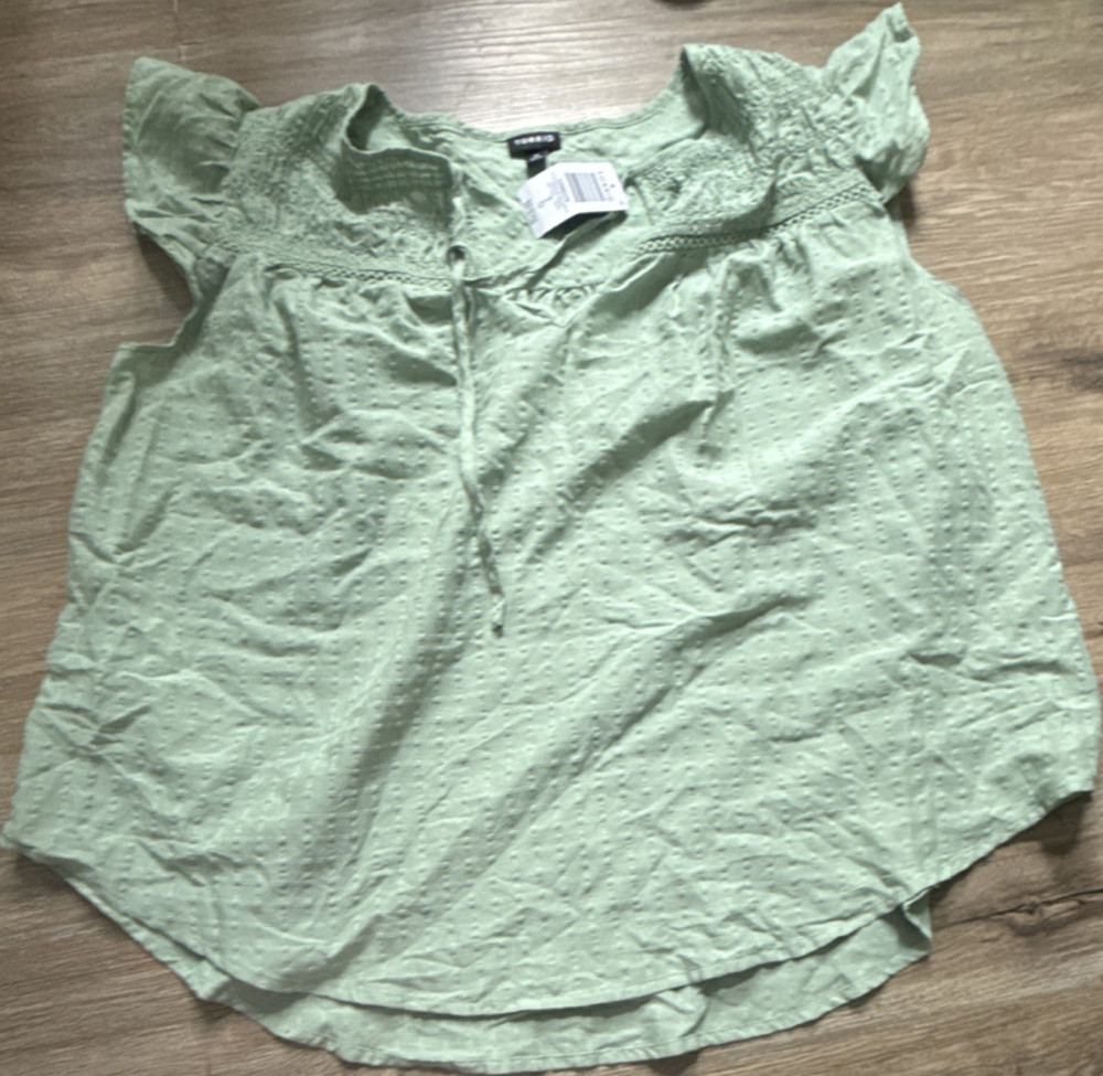 Torrid Granite Green Smocked Crochet Flutter Sleeve Deep V Blouse Size 0 (12)