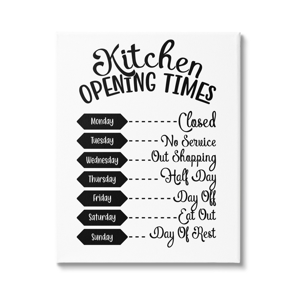 Stupell Kitchen Opening Times Humorous Antique Text Style Canvas Wall Art,