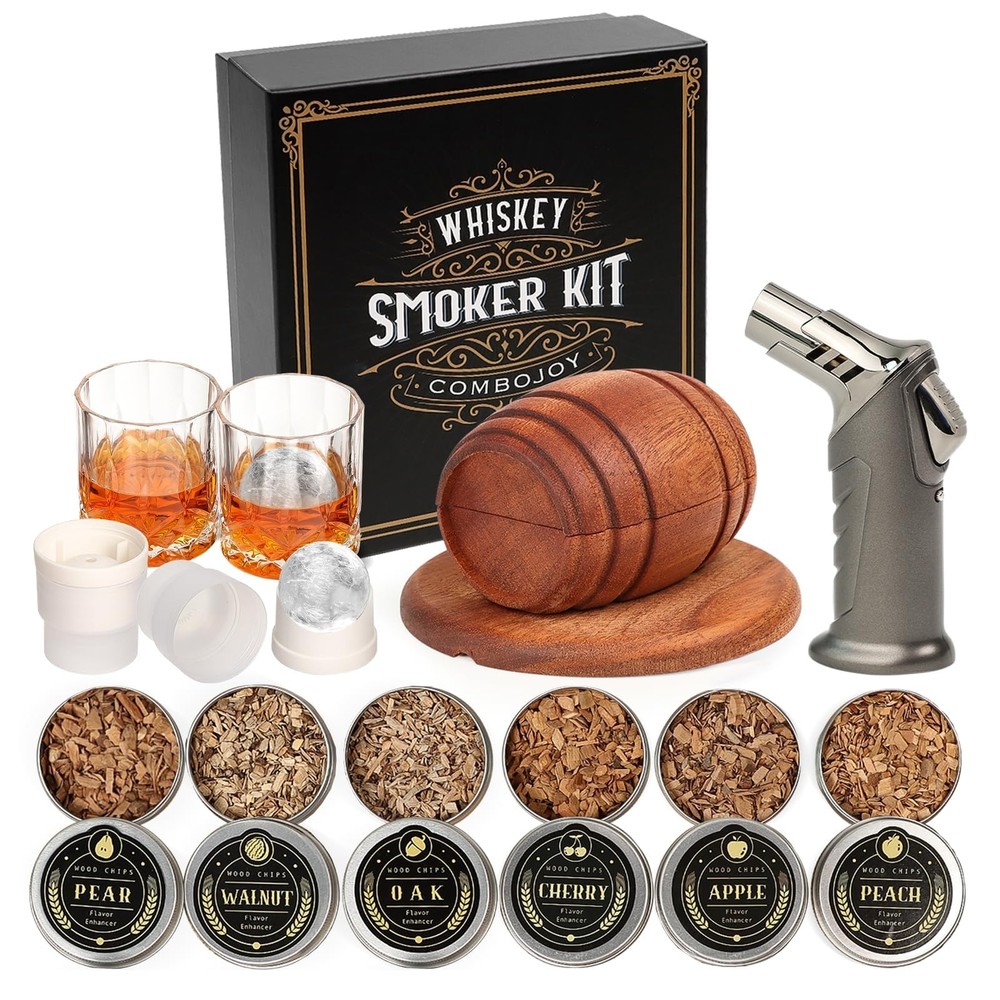 Whiskey Smoker Kit with Torch - 6 Flavors Wood Chips, 2 Glasses, 2 Ice Ball M...