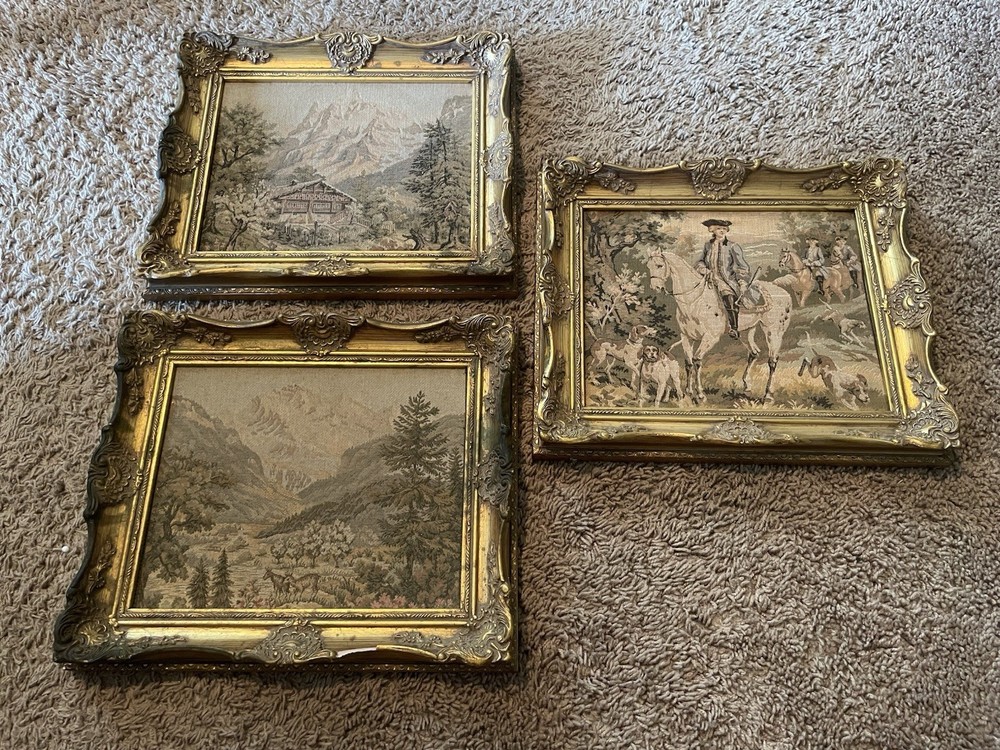 (3) Vintage Needlepoint Pictures With Beautiful Frames 13x11 Antique