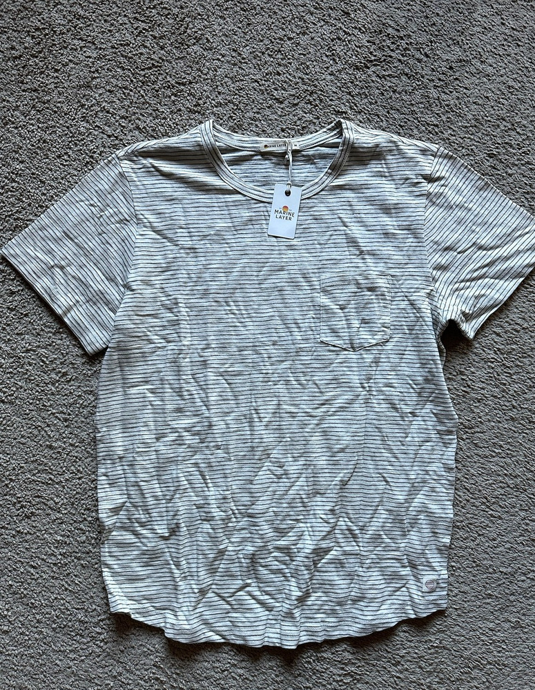 Marine Layer Saddle Hem Pocket Tee Mens Medium Natural Black Stripe NWT