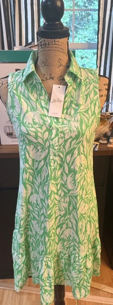 Lilly Pulitzer Riegan Dress Fauna Green Tulip To Tango New With Small Defect Xs