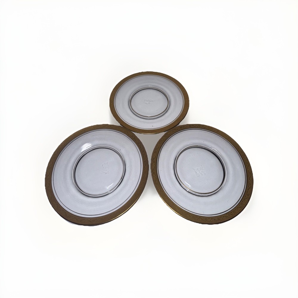 Tiffin Franciscan MINTON Set of 3 Gold Encrusted Clear Glass Luncheon Plates VTG