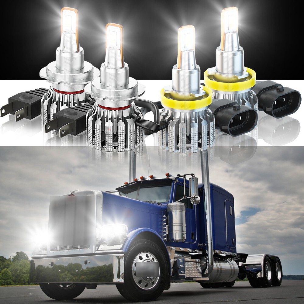 Peterbilt 388 389 4x 9005 H11 White LED Headlight Conversion Kit High Low Beam