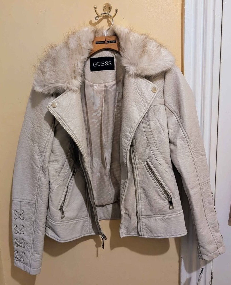 GUESS Faux Leather Faux Fur Moto Jacket Stone Size Medium