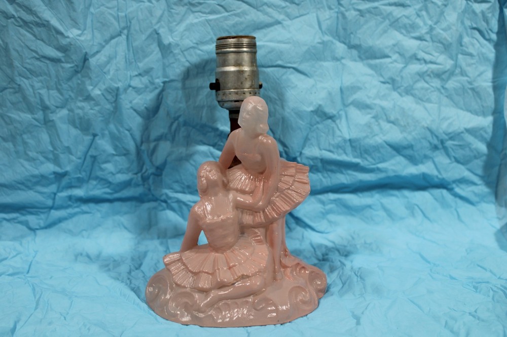 Vintage Art Deco Frosted Pink Glass Boudoir Lamp Figural Ballerinas No Shade BB