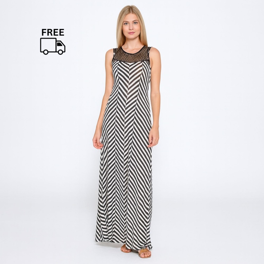 Monteau Lace Black Striped Sleeveless Maxi Dress Medium