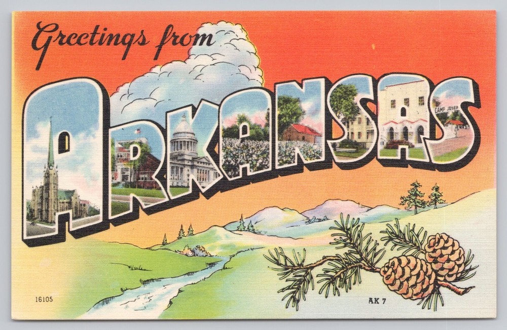 Arkansas, Large Letter Greetings, Pine Cones, Vintage Postcard