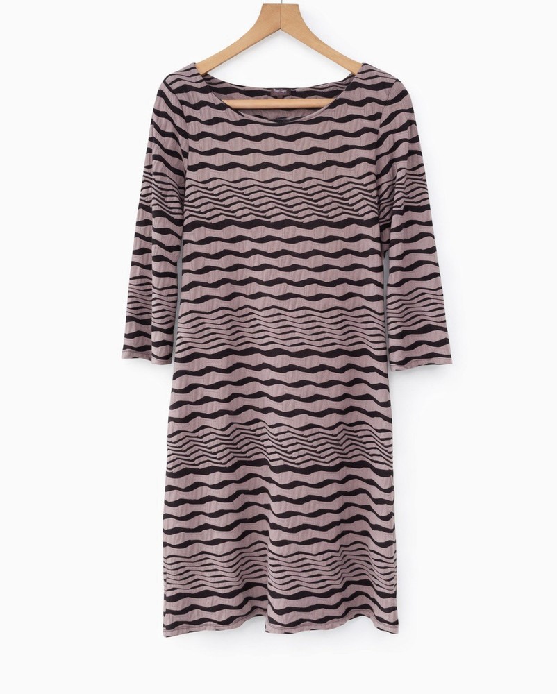 Womens Knee Length Dress Black Mix Stripe Stretch Scoop Neck 3/4 Sleeve UK 12 *