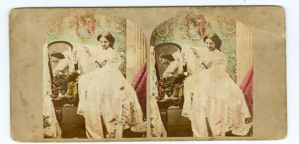 B9312~ ALFRED SILVESTER 1860’s UK Hand Tinted  Genre Stereoview –Pin Money