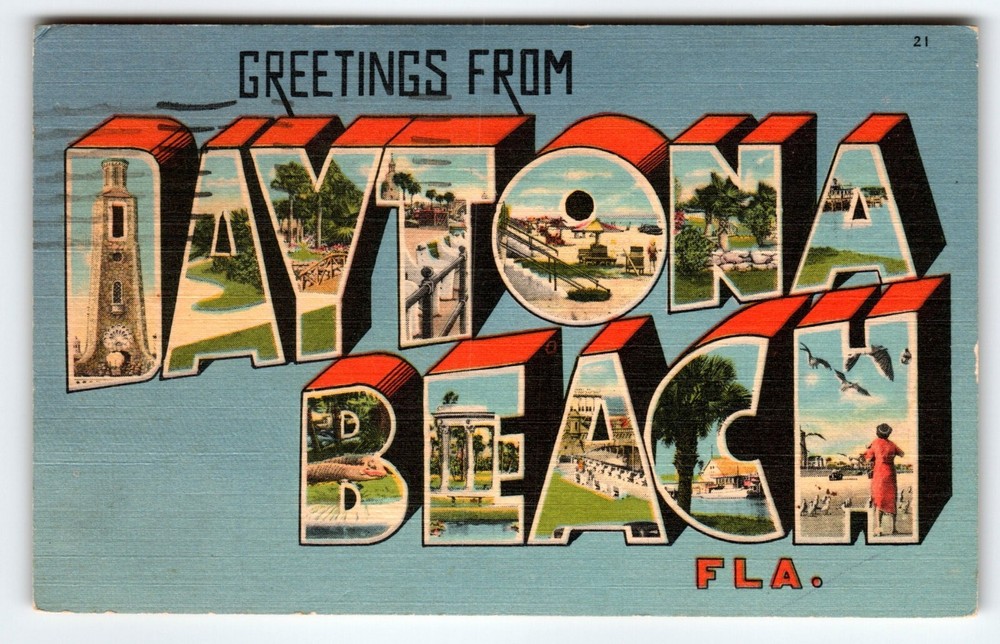 Greetings From Daytona Beach Florida Large Letter Linen Postcard 1957 Tichnor