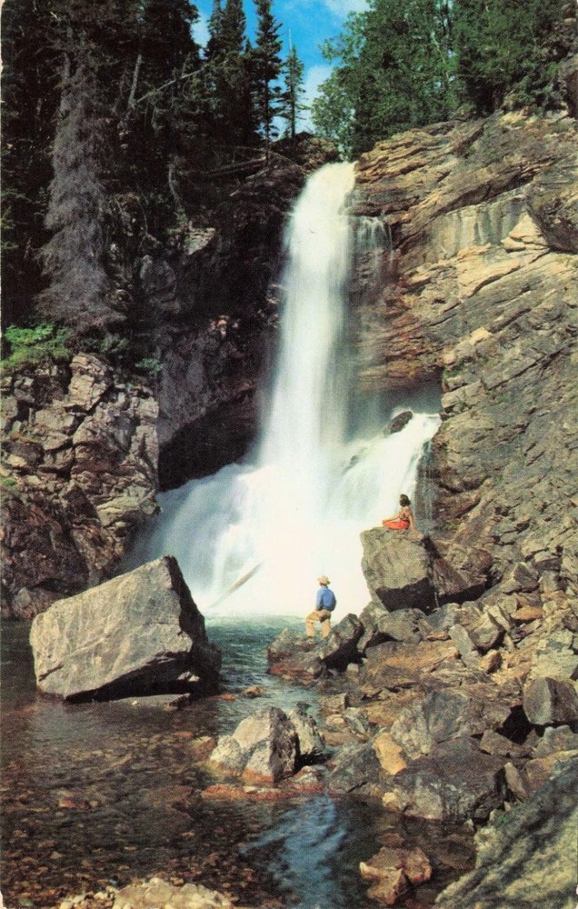 Trick Falls Waterfall - Two Medicine Valley - Montana MT - PM 1957 Postcard