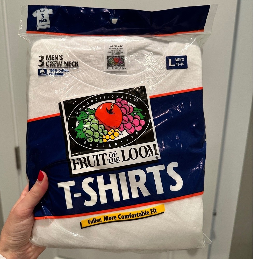 Vintage 90s Fruit of the Loom Mens 3 Pack Crew Neck T-Shirts White Large NEW