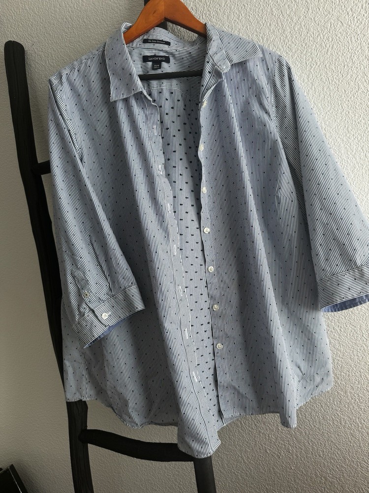 Lands' End No Iron Supima Cotton Blue Striped Button Up 3/4 Sleeve 22W Plus