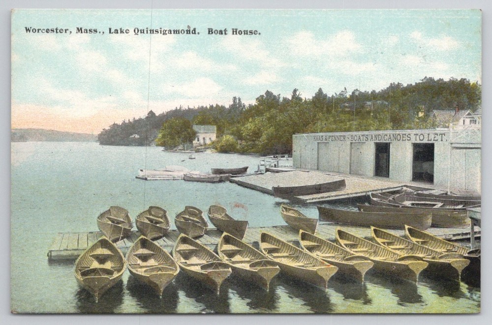 Worcester, MA Lake Quinsigamond Boat House Haas & Fenner Postcard c1910
