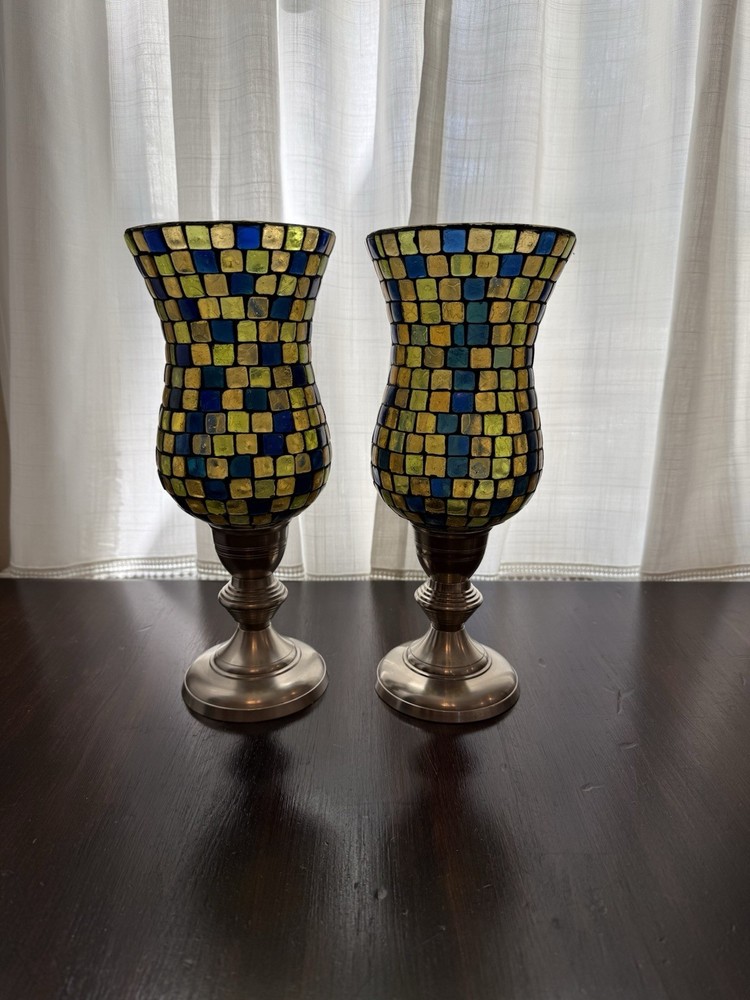 Mosaic Stained Glass Candle Holders (2)  11 1/2” Brass Bottom