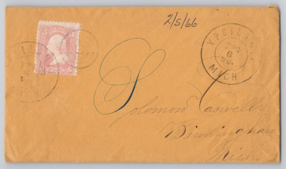 Ypsilanti, Michigan, 3c Washington stamp cover circular cancel, cursive