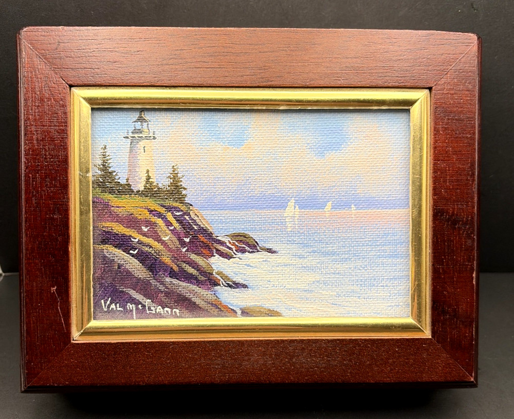 Original Signed Val McGann Oil Canvas Painting Jewelry Box Lighthouse Seascape