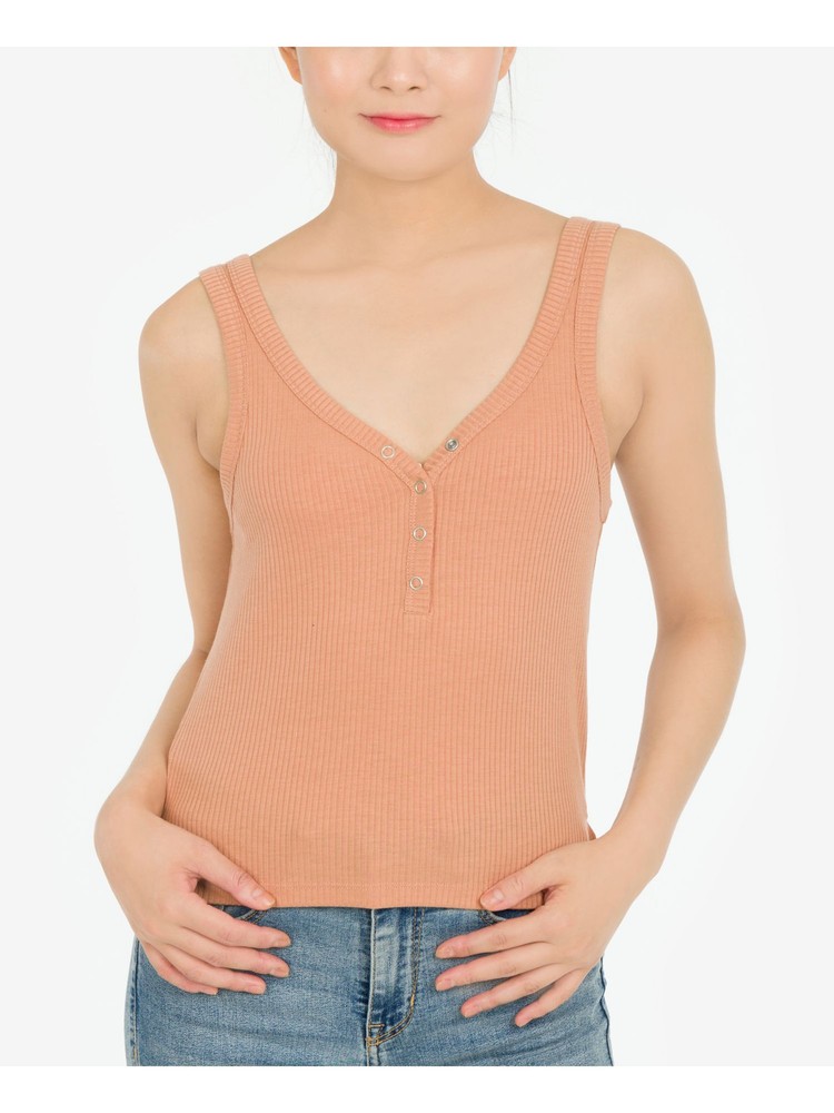 HIPPIE ROSE Womens Beige Stretch Fitted Snap Front Sleeveless V Neck Tank Top S