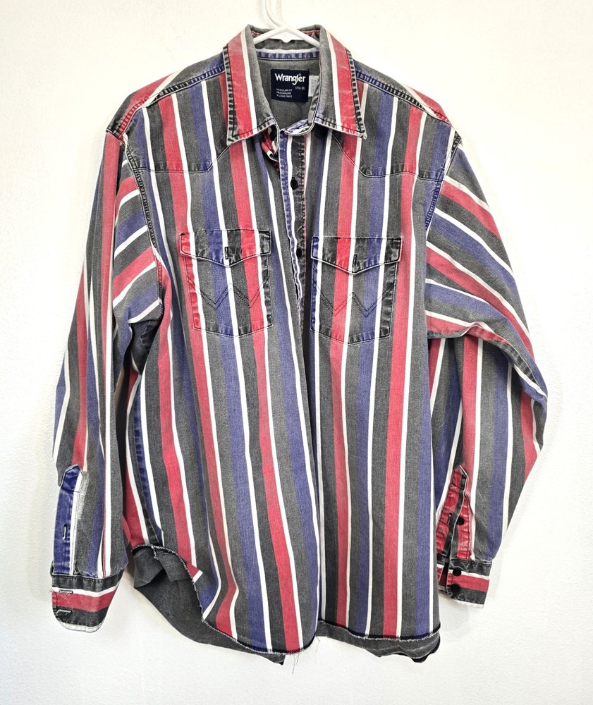 Vintage Wrangler Brushpopper Shirt 17 1/2 x 36 striped x long tails usa made #2