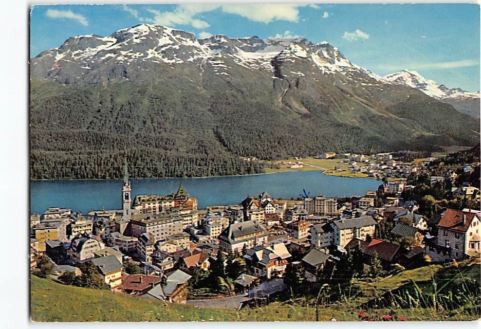 Postcard Panoramic View St. Moritz and Lake St. Moritz in Switzerland