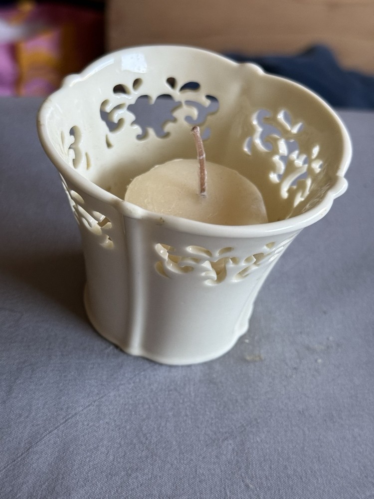 Vintage Yankee Candle Porcelain Votive Holder with Pierced Cutouts Cream 3