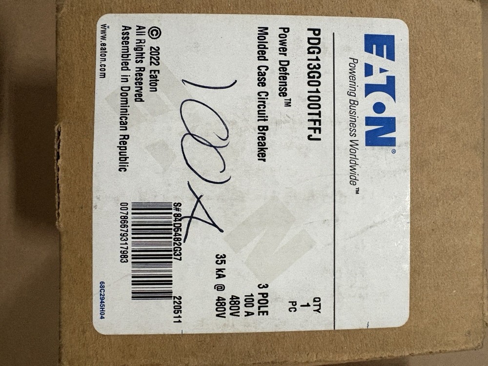 Eaton Power Defense PDG1 Circuit Breaker 100A 3 Pole 480V Trip Indicator