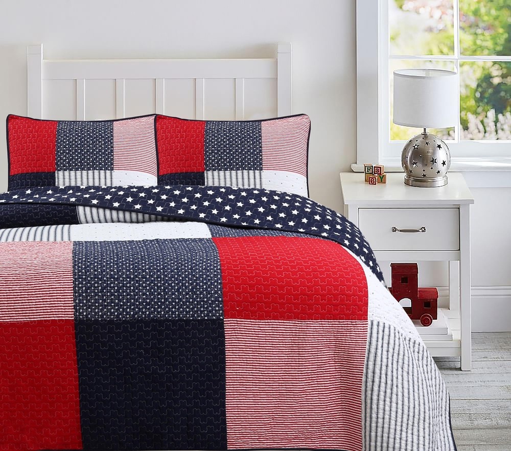 Patriotic Patchwork Plaid Red White Blue Reversible Twin 2-Piece Cotton Quilt...