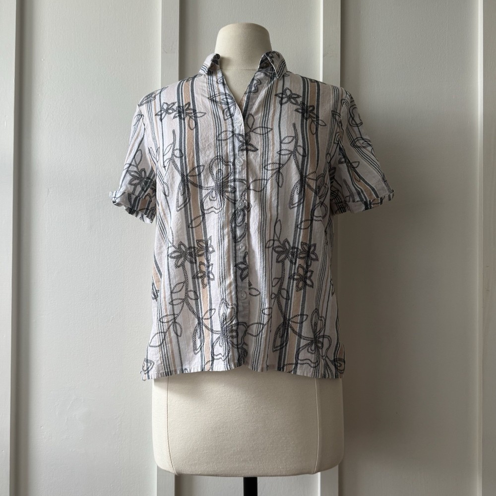 Alfred Dunner Striped Floral Button-Up Shirt Size Petite Medium