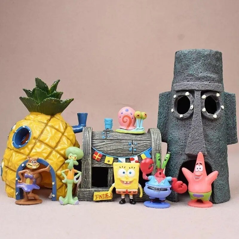 9pcs Anime SpongeBob Mini Action Figures & Their Houses set. Collectibles