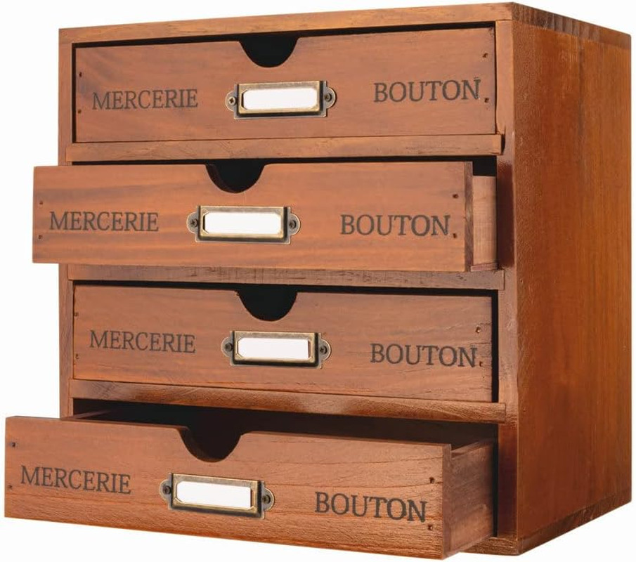 Wooden Storage Box with 4 Drawers Vintage Office Supplies and Accessories Letter