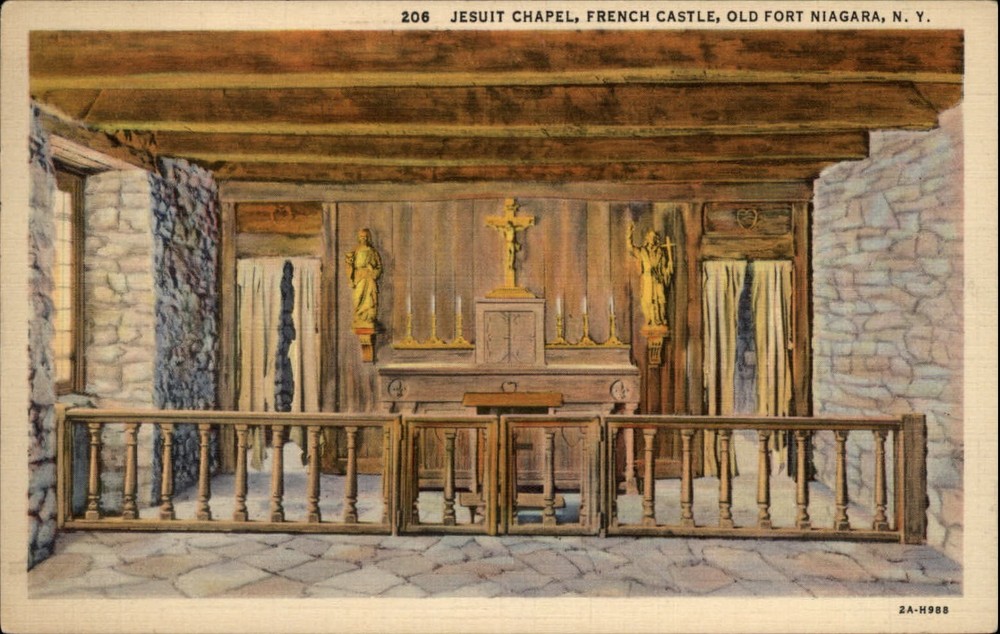 Jesuit Chapel French Castle Fort Niagara New York altar ~ 1930s linen postcard