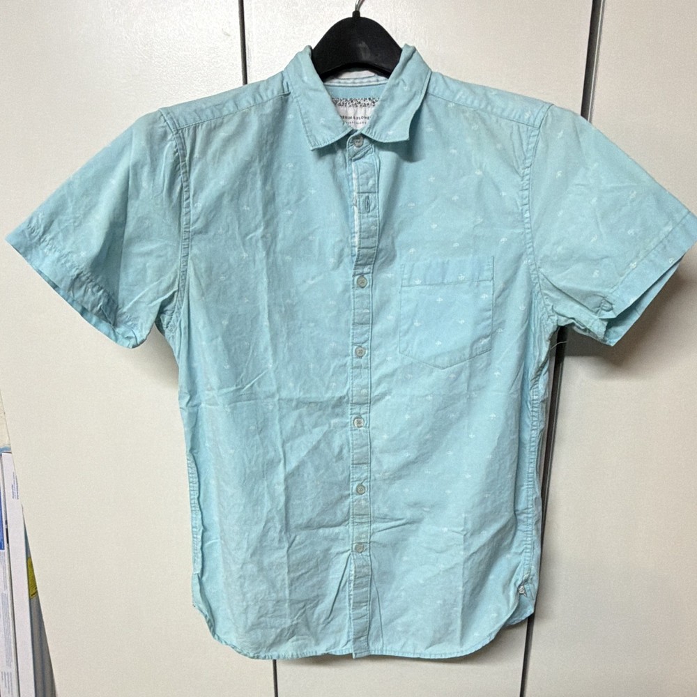 Denim & Flower Men's Small Blue Umbrella Print Slim Fit Button-Up Short Sleeve